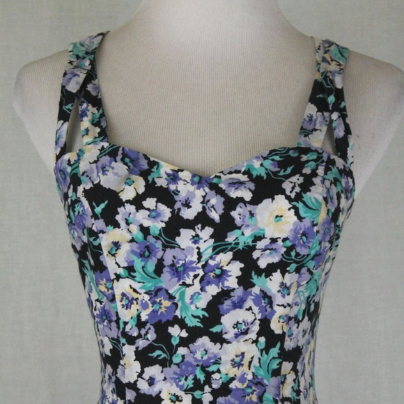 Vintage Laura Ashley Cross Back Dress Blue Pansy Print Cotton Made in Ireland